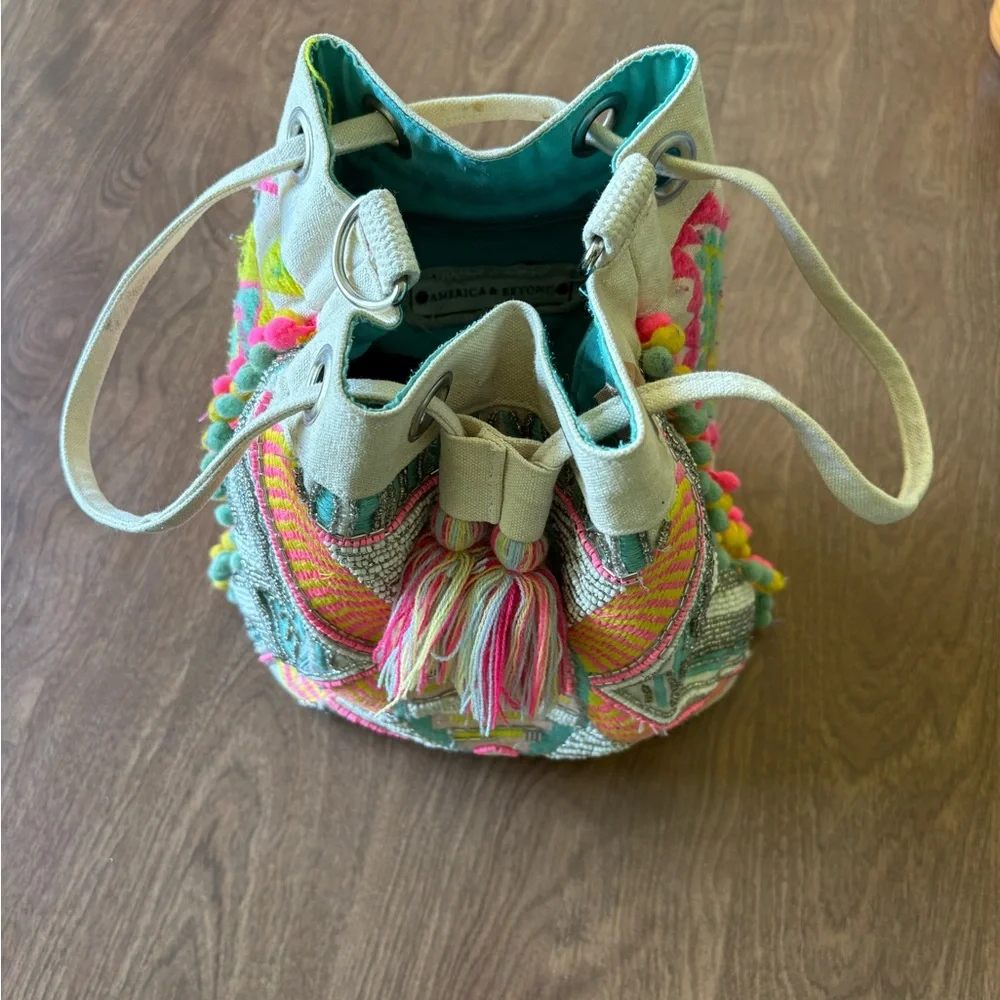 Embroidered Boho Bucket Bag with Pink and Turquoise Accents